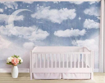 Sky Blue Clouds Nursery Wallpaper: Hand Painted Moon & Stars Wall Mural
