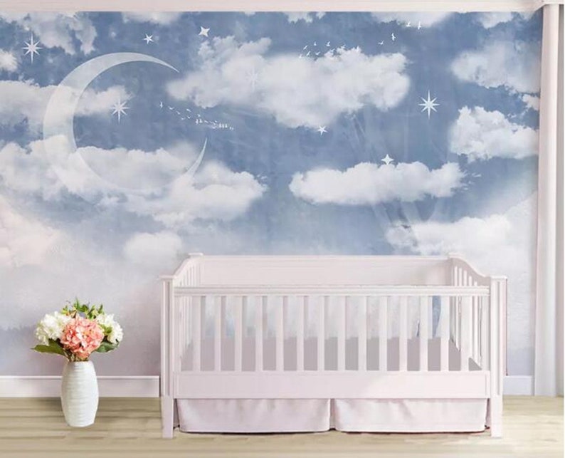 Sky Blue Hand Painted Abstract Clouds Nursery Kids Wallpaper Etsy