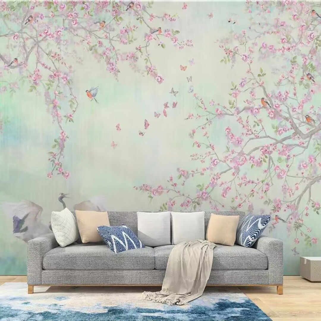 Chinoiserie Cherry Blossom Wallpaper Mural: Cranes & Birds, Peel and ...