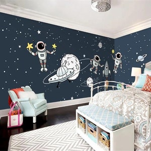 Carta da parati per cameretta dei bambini con sfondo blu navy, universo, pianeti e astronauti, spazio, murales per cameretta dei bambini, decorazioni murali