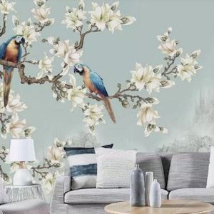 Chinoiserie Mural Hand Painted Hanging Magnolia Tree Wallpaper,  Vivid Birds with Mountain Wallpaper Home Decor Wall Murals,