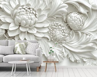 3D White Peony & Rose Wallpaper Mural: Living Room Decor