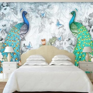 Two Big Green Peacocks Wallpaper, Flying Butterflies and Blue Peacock Wall Murals Wall Decor