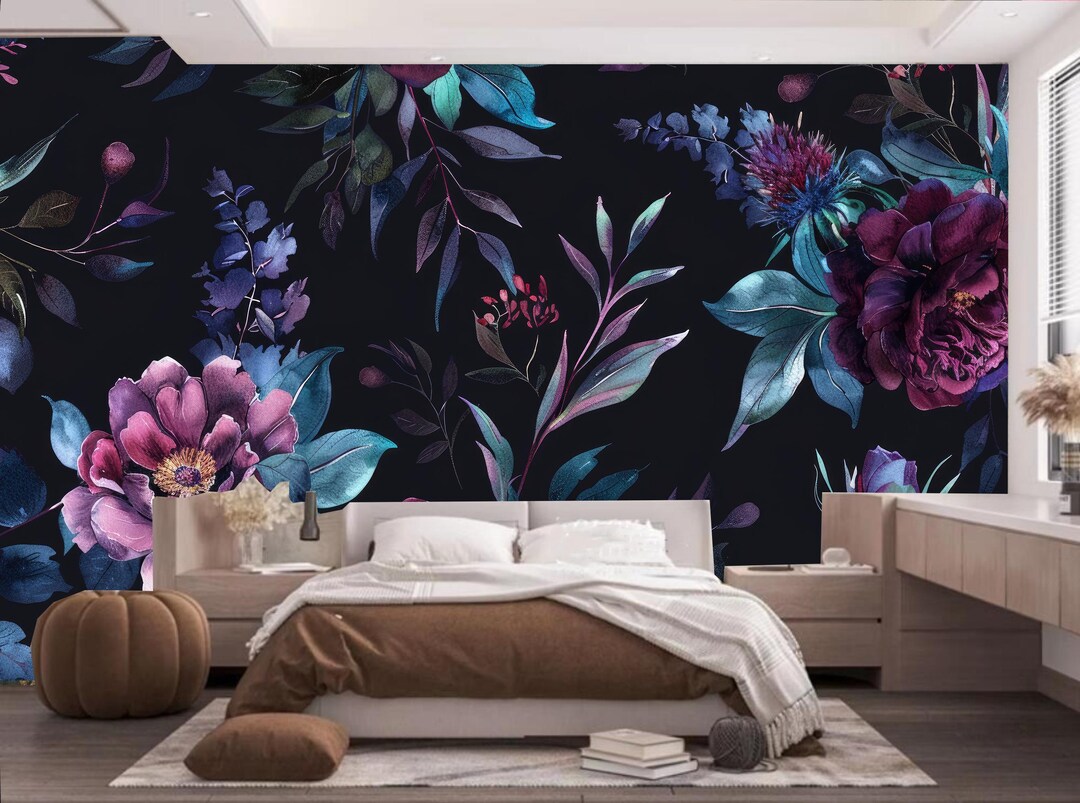 Dark Floral Peony Wallpaper Mural: Peel and Stick Home Decor - Etsy