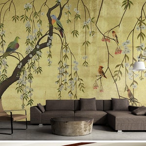 Chinoiserie pennellate di fiori e uccelli carta da parati, decorazioni per la casa murales, uccelli a riposo e carta da parati floreale albero enorme