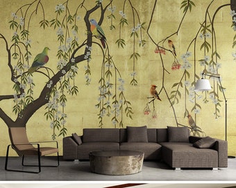 Chinoiserie Birds and Flowers Wallpaper: Peel & Stick Wall Mural