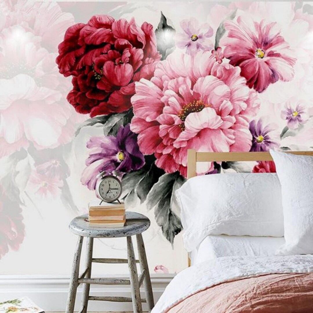 Pink Peony Floral Wall Mural: Peel and Stick Wallpaper - Etsy