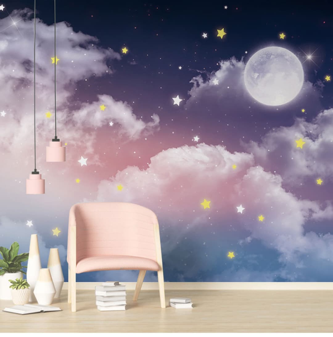 Sky Pink Clouds and Stars Nursery Wallpaper Mural (peel and Stick) - Etsy