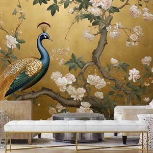 Chinoiserie Brushwork Gold Background Peony Flowers and Peacock Vine Wallpaper Wall Mural for Living Room Dinning Room Bedroom