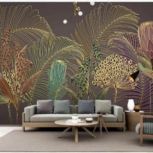 Luxury Hand Painted Tropical Palm Leaves Wallpaper Wall Mural, Gold Lines Flowers Wall Mural, Rainforest Tropical Plants Wall Mural