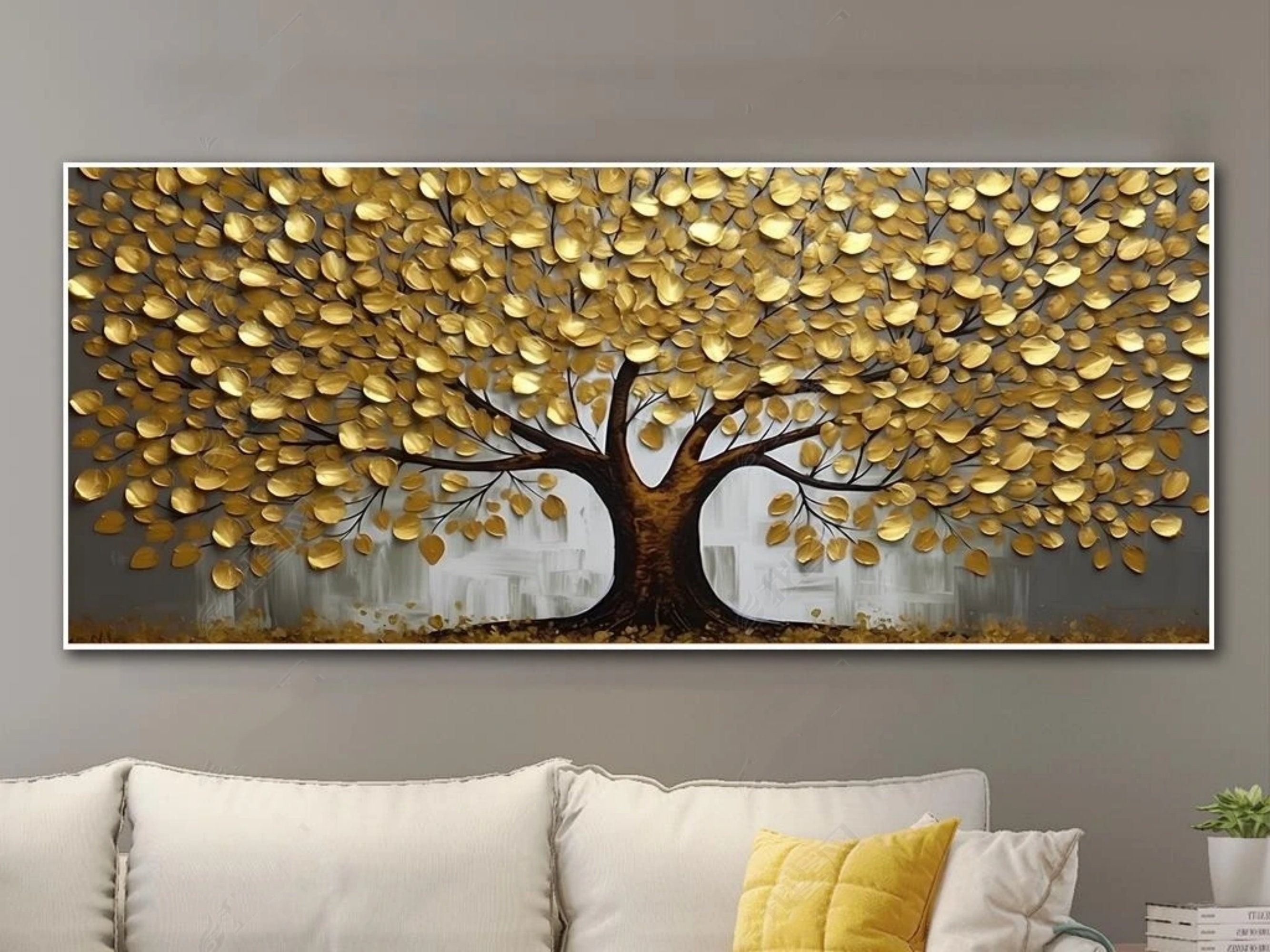 Handgemaltes Ölgemälde Auf Leinwand – Floraler Goldbaum, Modernes Abstraktes Kunstwerk, 12 Zoll, Für Wohnzimmer & Schlafzimmer