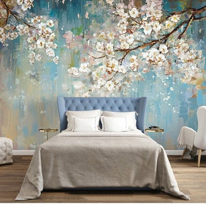 Oil Painting Cherry Blossom Wallpaper, American Style Cherry Wall Murals Wall Decor