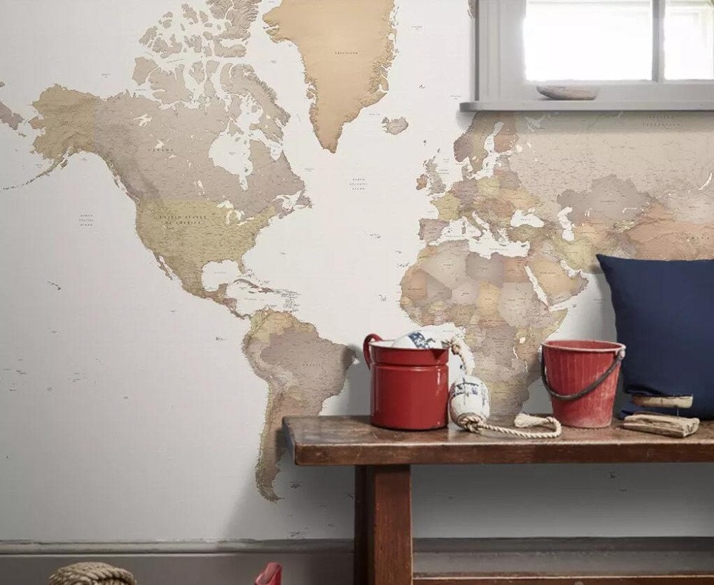 European Minimalist Nostalgic Wallpaper World Map TV | Etsy