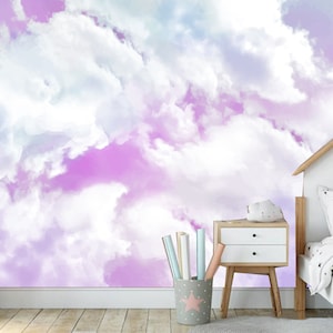 Watercolor Clouds Wallpaper Mural: Rainbow Sky, Kids Nursery Decor