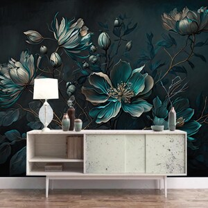 Dark Background Green Peony Flowers Floral Wallpaper Wall Mural Home Decor for Living Bedroom or Dinning Room
