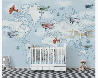 Cartoon World Map Wallpaper, Airplane and Sea World Map Wall Murals