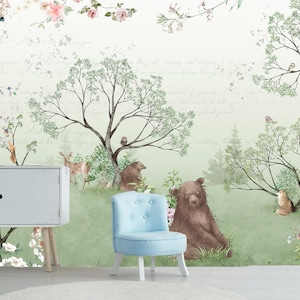 Cartoon Animals Bear Trees Forest Plants and Flowers Nursery Kids&#39; Babies&#39; Children&#39;s Room Wallpaper Wall Mural Home Decor