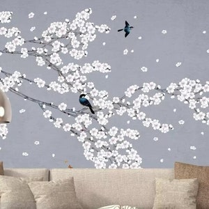 Chinoiserie Brushwork Hanging Plum Tree Wallpaper, Home Decor Wall Murals, Flying Birds and White Plum Flowers Wallpaper