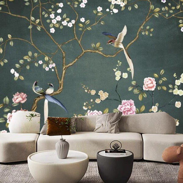 Chinoiserie Brushwork Hand Painted Vine Flowers Wallpaper, Vivid Birds and Peony Flowers Wallpaper Home Decor Wall Murals