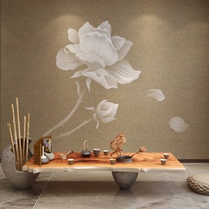 Brown Background White Big Lotus Wallpaper Wall Murals Wall Decor