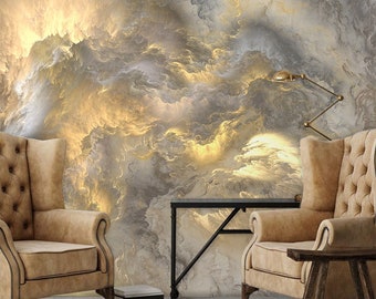 Creative Clouds Wallpaper, Grey and Yellow Clouds Wall Murals for Living or Dinning Room