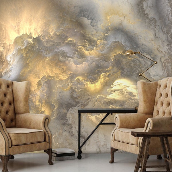 Creative Clouds Wallpaper, Grey and Yellow Clouds Wall Murals for Living or Dinning Room