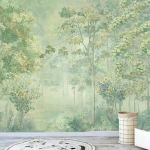 Mint Green Forest Wallpaper Mural - Abstract Tree Wall Decor