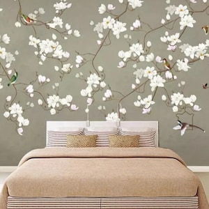 Chinoiserie Brushwork Hand Painted Hanging Magnolia Branch and Birds Wallpaper, Vivid Birds and Flowers Floral Wall Murals Wall Decor