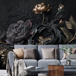 Dark Background Blooming Flowers Floral Wallpaper Wall Mural Home Decor for Living Bedroom or Dinning Room