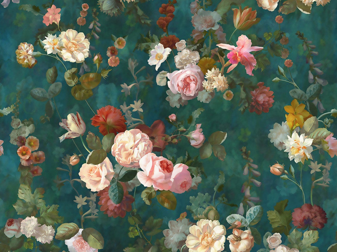 Dutch Victorian Embossed Pink Red White Rose Wall Murals, Dark Blue