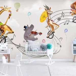 Cartoon Colorful Hot Air Balloon Lovely Animals Nursery Wallpaper Murals, Lion, Elephant, Deer Dance Music Kids Child Baby Room Wallpaper