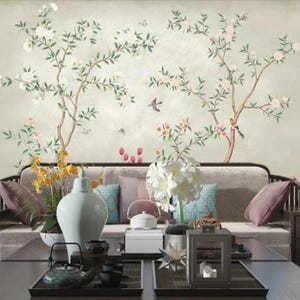 Chinese Style Hand Painted Two Trees  Wall Murals, Flowers and Birds Landscape Painting Wall Paper Office Home Wall Covering