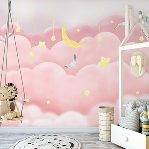 Nordic Pink Cloud Starry Sky Children&#39;s Nursery Wallpaper Wall Murals Home Decor