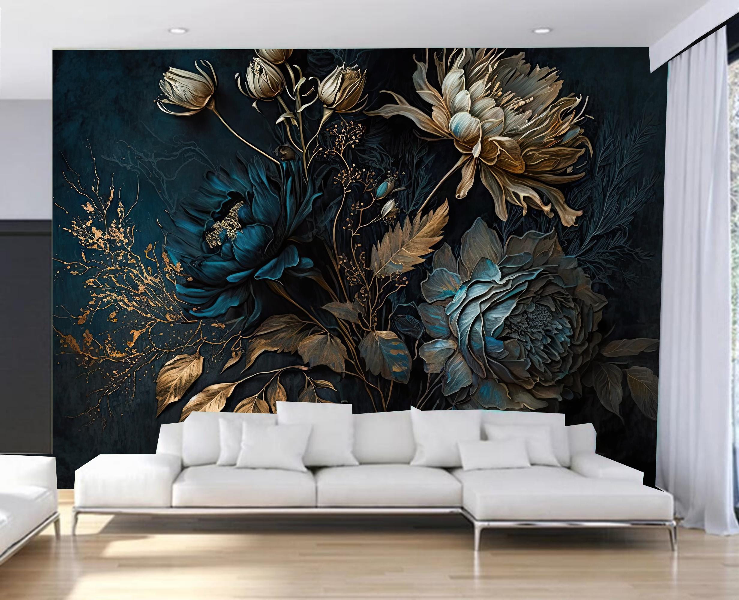 Dark Floral Peony Wallpaper Mural: Peel and Stick - Etsy