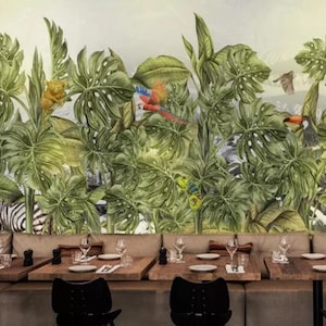 Tropical Rainforest Plants Banana Leaves Jungle Wallpaper, Flying Birss, Zebra and Lizard Animals Wall Murals