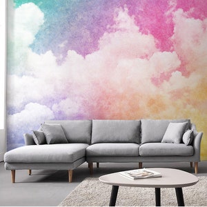 Abstrakte handgemalte bunte Regenbogen-Wolken-Tapete, bunte rosa, gelbe und blaue kreative Wolken-Wand-Wandbilder Wanddekor