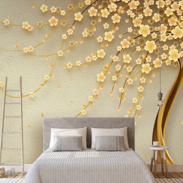 3d Flowers Tree With Gold Wallpaper Etsy