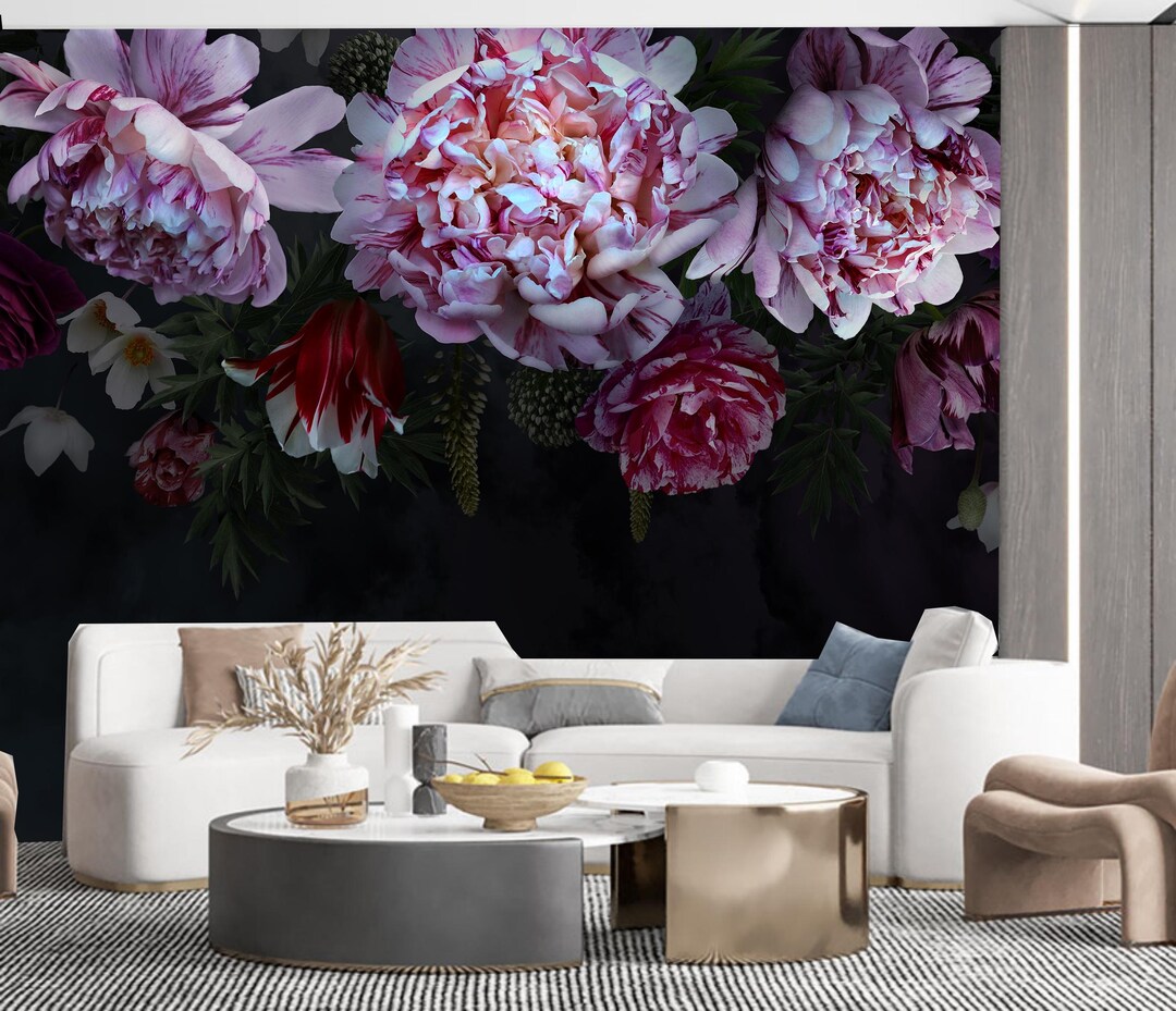 Pink Peony Floral Wallpaper Mural: Dark Background, Home Decor - Etsy