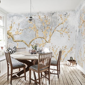 Chinoiserie Abstract Brushwork Plum Yellow Flowers and Birds Wallpaper, Home Decor Wall Murals, Flying Birds and Plum Tree Wallpaper