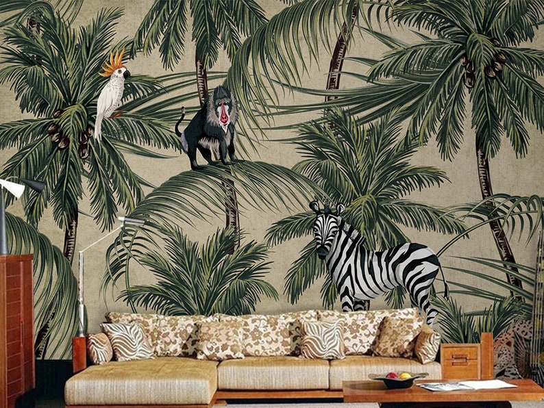 Tropical Rain Forest Coconut Palm Wallpaper Wall Mural Southeast Asia s Monkeys Birds and Zebra Wall Mural Wall Decor