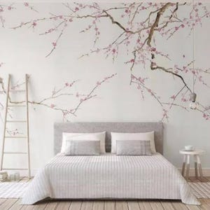Chinoiserie Brushwork Hanging Plum Blossom Tree Wallpaper, Hand Painted Home Decor Wall Murals, Pink Flowers Wallpaper Wall Decor
