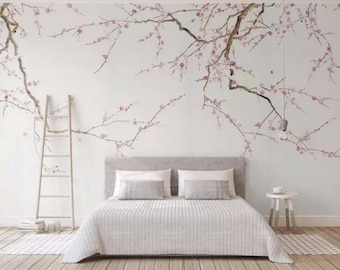 Chinoiserie Plum Blossom Tree Wallpaper: Hand-Painted Wall Mural