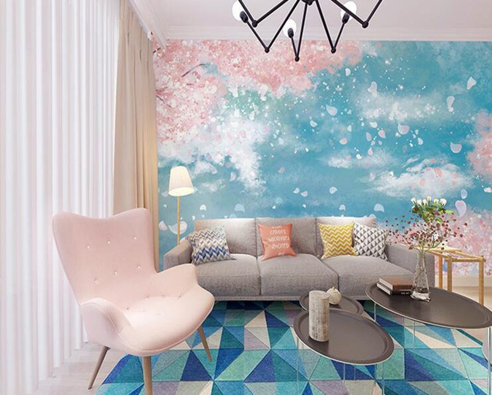 Cartoon Pink and Blue Nursery Wallpaper Sky Blue Baby's Etsy