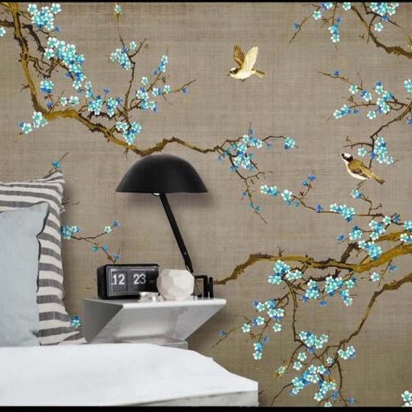 Chinoiserie Brushwork Hand Painted Plum Blossom and Birds Wallpaper, Vivid Birds and Blue Flowers Floral Wallpaper Home Decor Wall Murals