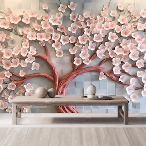 Pink Cherry Blossom Tree 3D Wallpaper Mural: Peel & Stick Home Decor