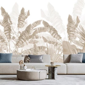 Grey Banana Plants Tropical Banana Leaves Wallpaper Wall Mural for Living Room Bedroom or Dinning Room Home Decor