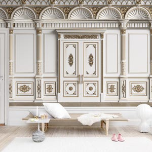 3D Classic Interior Walls with Copy Space White Walls with Ornated Mouldings and Classic Cornice Classic Door Wallpaper Wall Mural