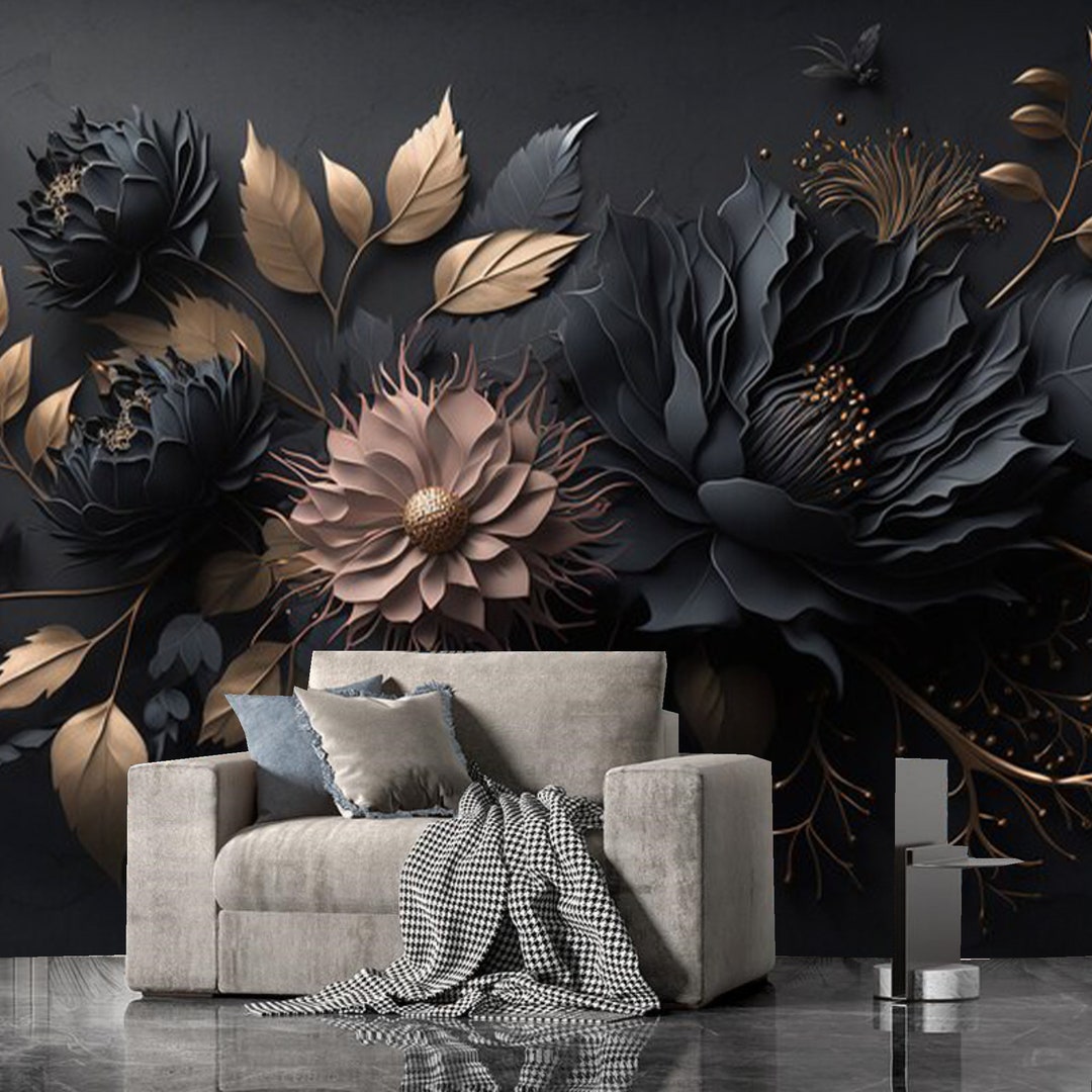 Dark Floral Wallpaper Mural: 3D Golden Rose Wall Decor - Etsy