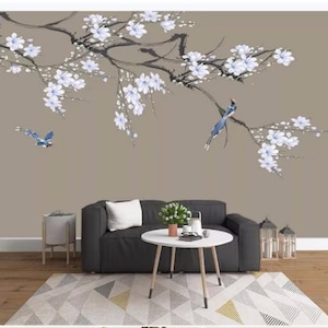 Chinoiserie Mural Hand Painted Hanging Magnolia Tree Wallpaper, Flying Vivid Birds and Flowers  Wallpaper Home Decor Wall Murals