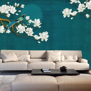 Chinoiserie Magnolia Bird Wallpaper Mural: Peel & Stick Home Decor